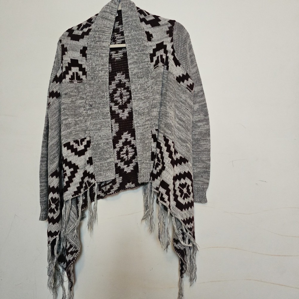 It's Our Time Open Cardigan Medium Aztec Western Boho Print Fringe Tribal Gray
